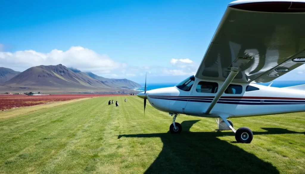 Small aircraft landing at Bleaker Island's grass airstrip with wildlife visible nearby