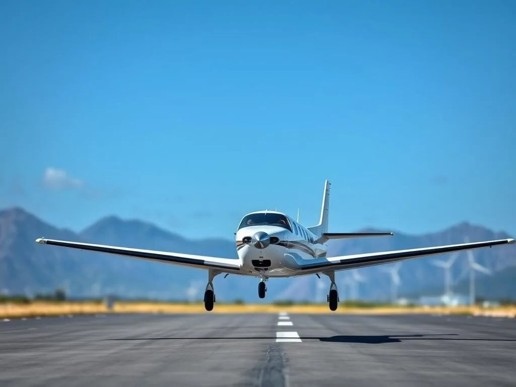 Small aircraft landing at Clayton J. Lloyd International Airport in Anguilla with Maundays Bay visible in the distance