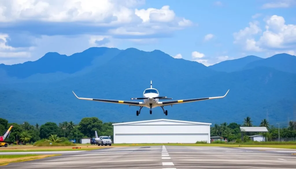 Small aircraft landing at Merauke Airport with mountains in the background