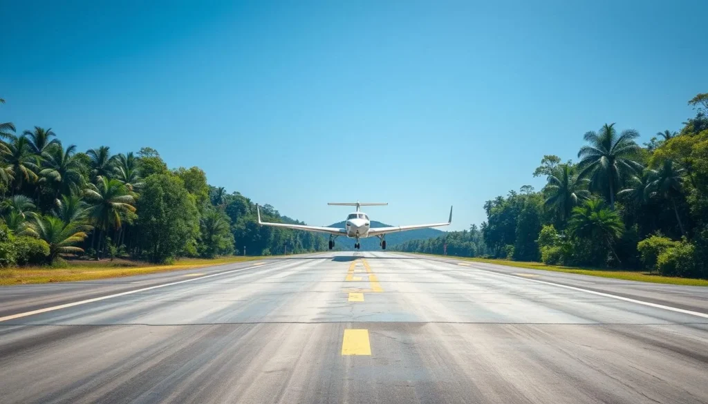 Small aircraft landing at Rurrenabaque's airstrip with jungle backdrop