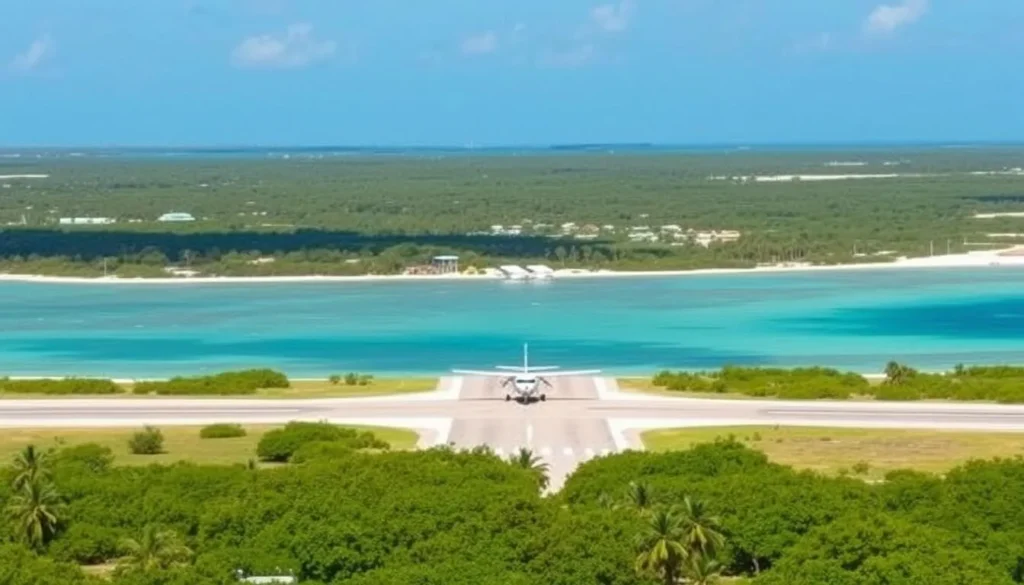 Small aircraft landing at Spring Point Airport in Acklins Island