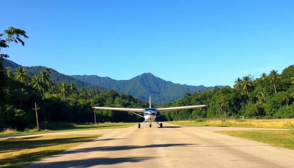 Small aircraft landing at a rural airstrip near Patuca National Park with mountains in the background Small aircraft landing at a rural airstrip near Patuca National Park with mountains in the background