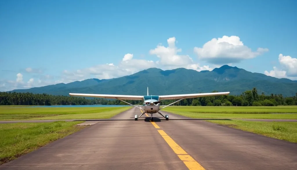 Small aircraft landing near Lake Paniai with mountains in the background
