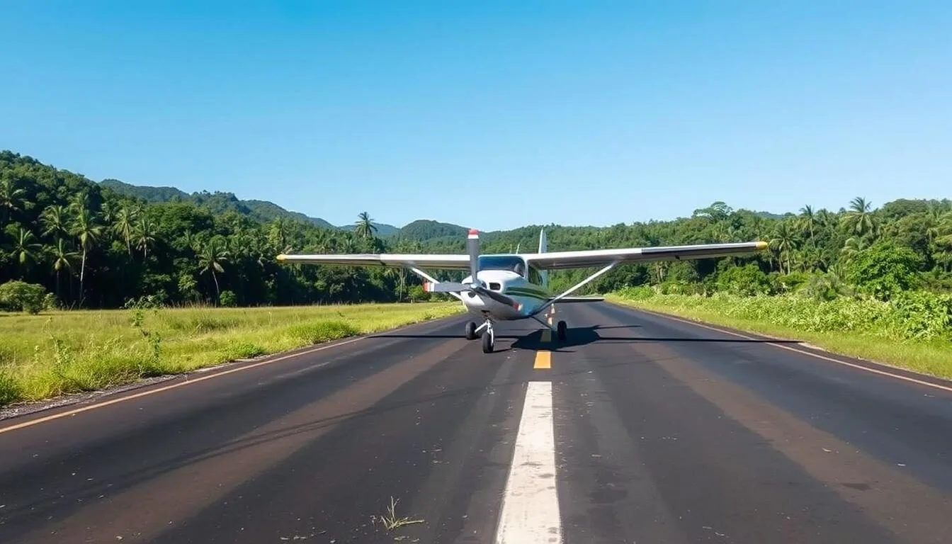 Small-airplane-landing-at-Nuquis-airstrip-with-jungle-backdrop Small airplane landing at Nuqui's airstrip with jungle backdrop