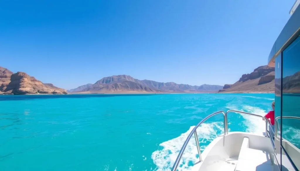 Small boat approaching Bahia de Loreto National Park with mountains in background