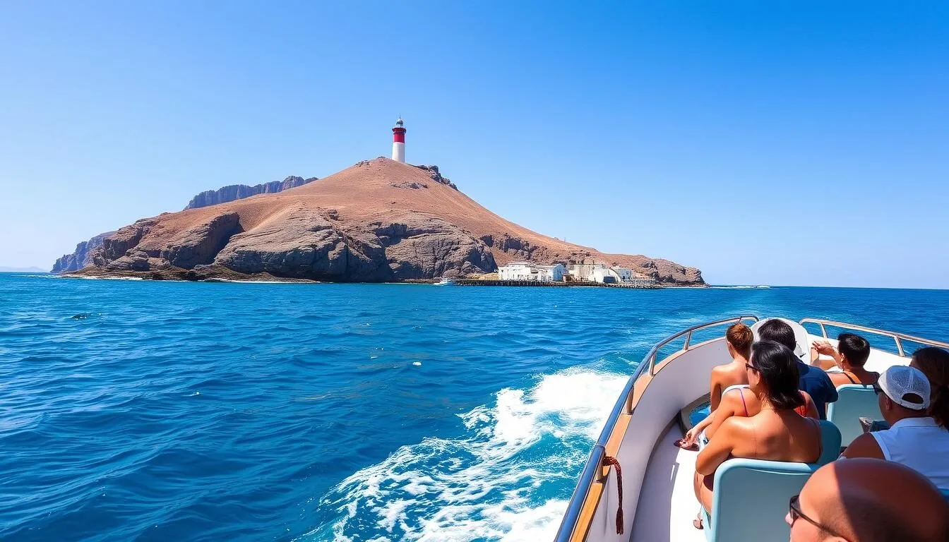 Small boat approaching Isla Todos Santos with passengers, showing the rugged coastline and lighthouse in the distance