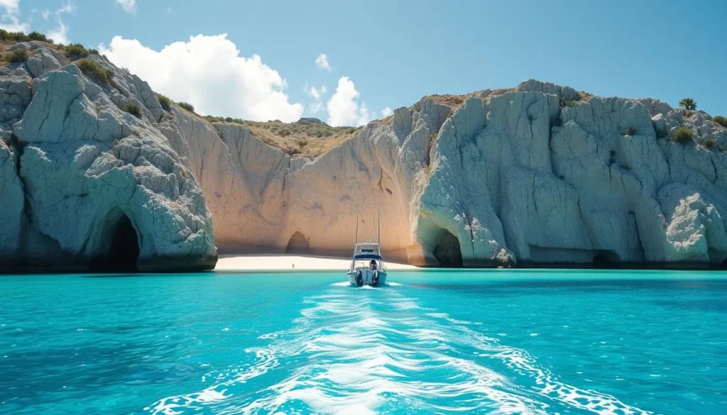 Small boat approaching Little Bay, Anguilla with dramatic cliffs
