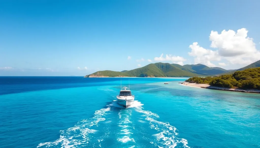 Small boat approaching Salt Island with clear blue waters and green hills in background