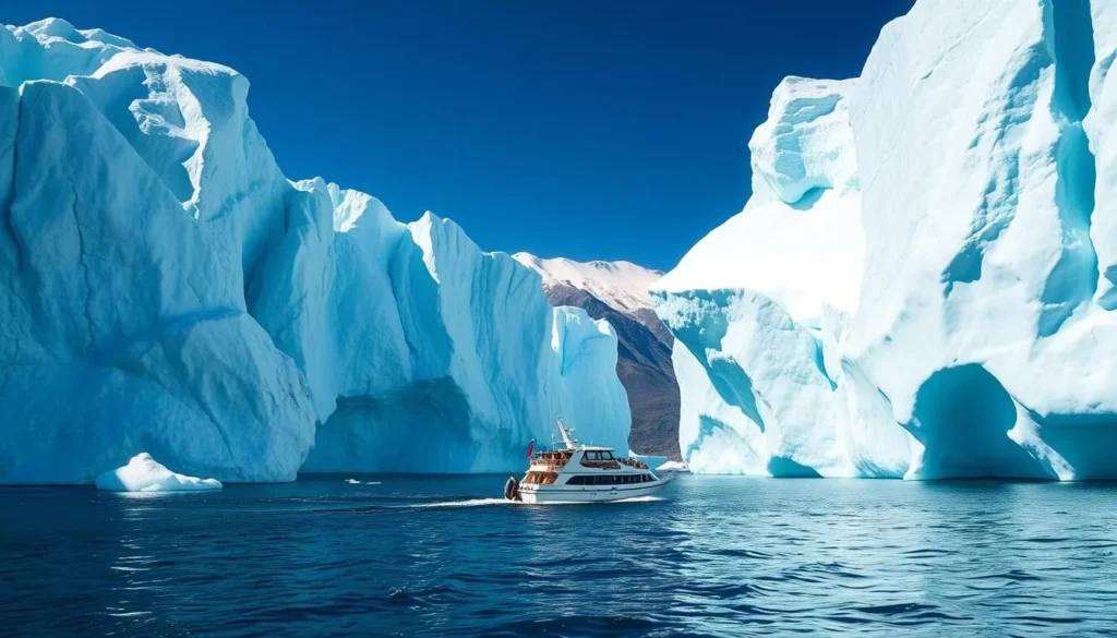 Small boat navigating between icebergs in a Greenland fjord