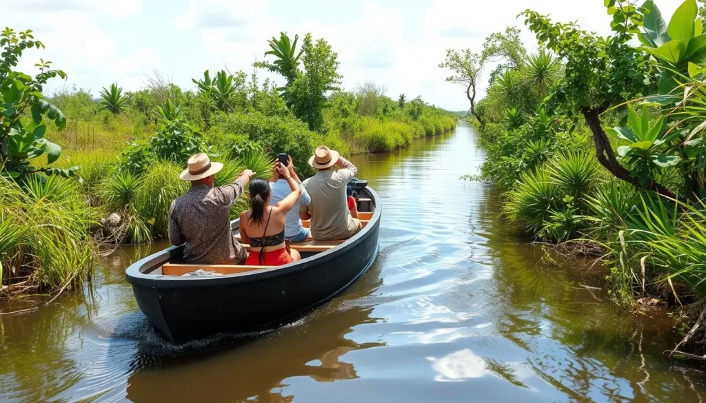 Small boat tour navigating through narrow channels of Ibera wetlands with guide pointing at wildlife