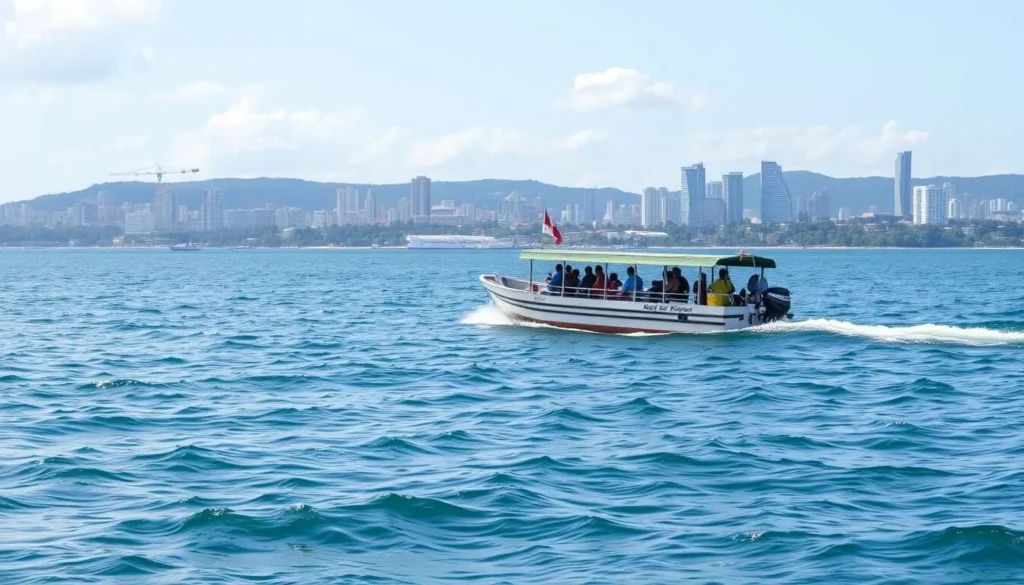 Small ferry boat crossing Ambon Bay with passengers and the city skyline in background