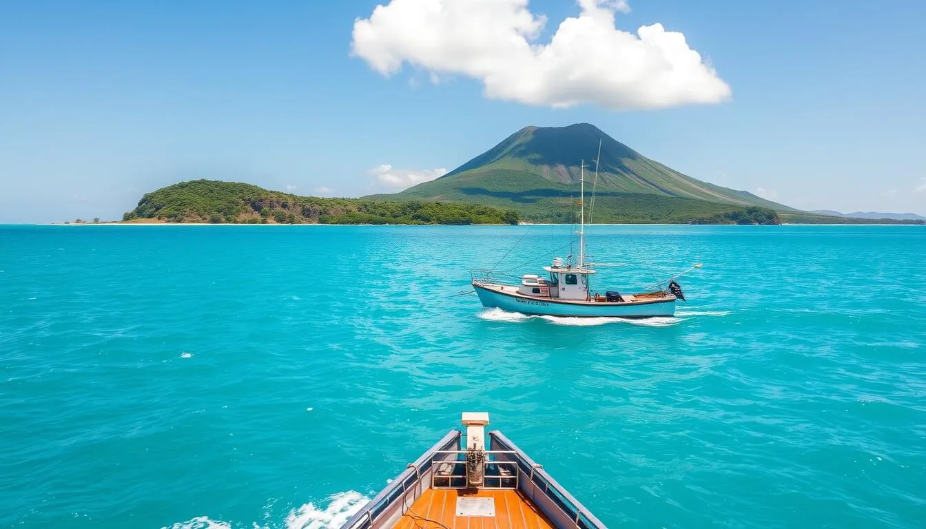 Small fishing boat approaching Isla Isabel National Park with volcanic island visible in background