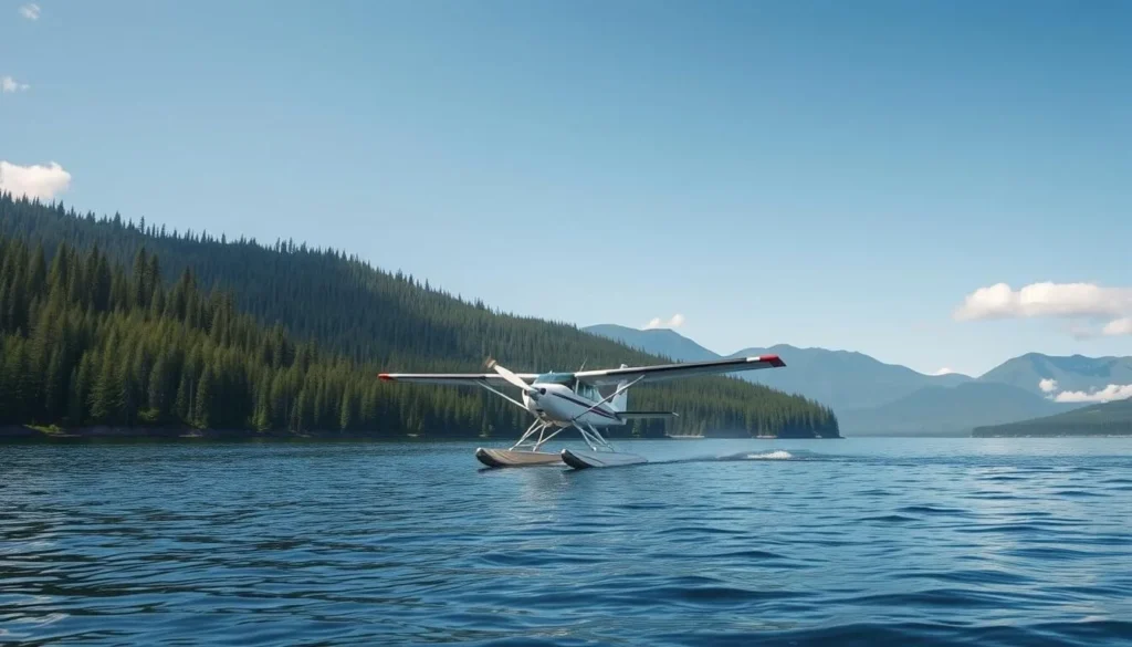 Small floatplane landing on calm waters near the Great Bear Rainforest shoreline