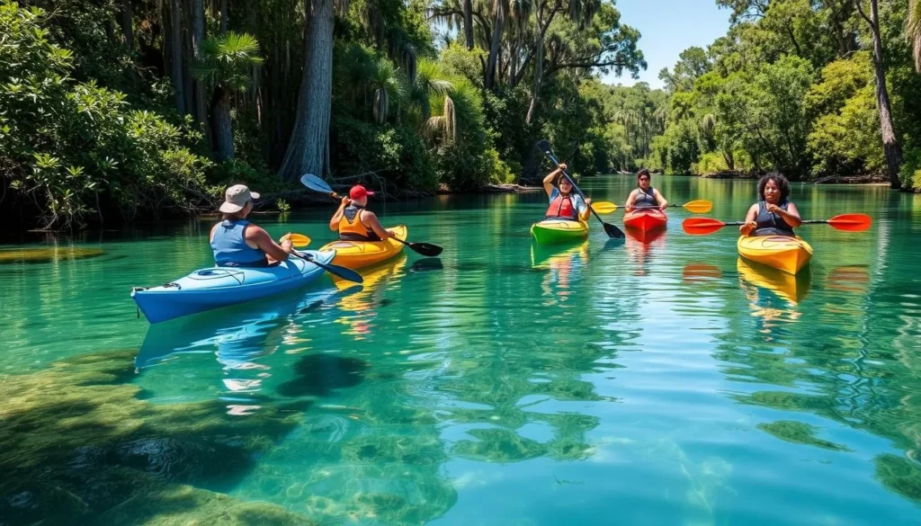 Small group of kayakers (maximum 5) exploring the waterways near Ellie Schiller Homosassa Springs Wildlife State Park Florida