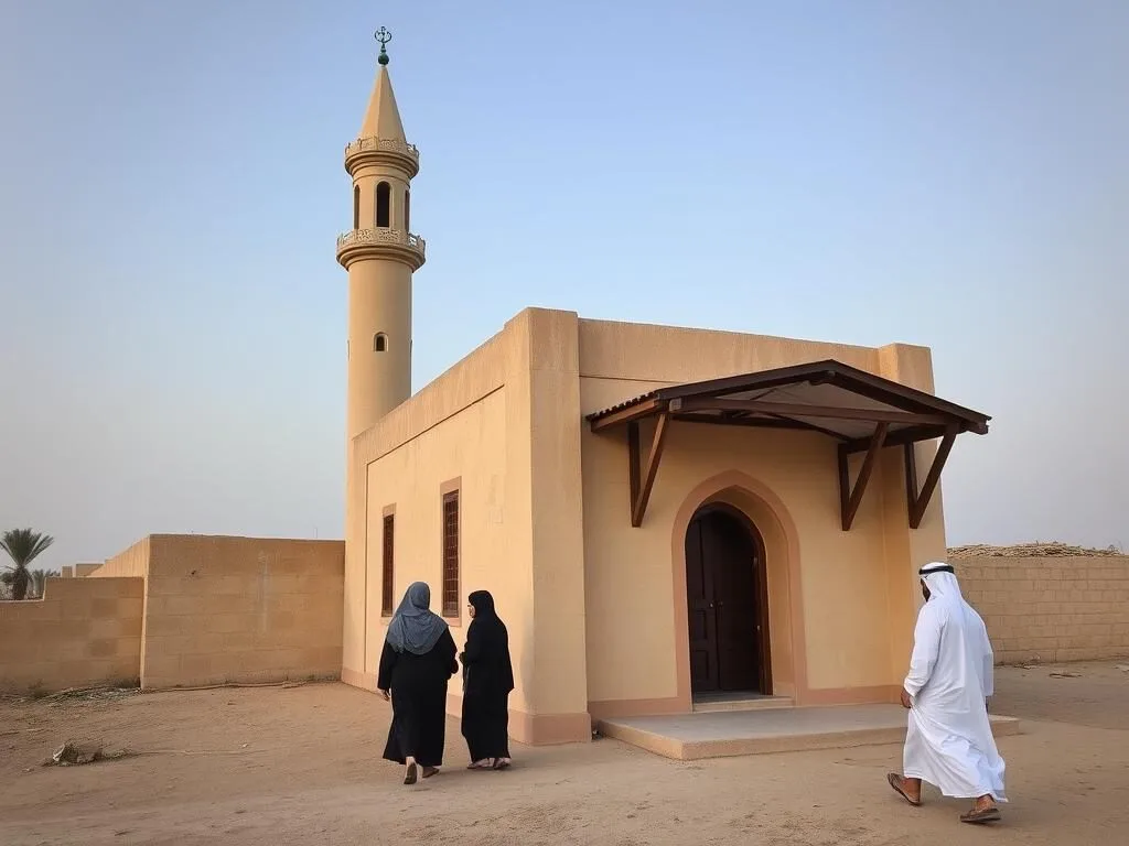 Small traditional mosque in Al Shamal Qatar with visitors showing proper respect