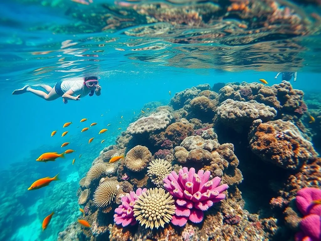 Snorkeler exploring colorful coral reef in the clear waters around Elbow Cay