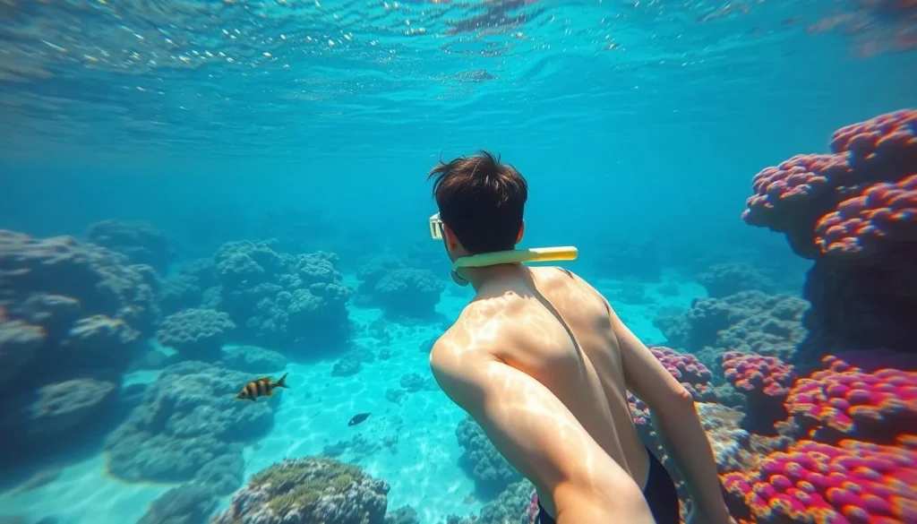 Snorkeler exploring colorful coral reef in the clear waters of Bonaire Snorkeler exploring colorful coral reef in the clear waters of Bonaire