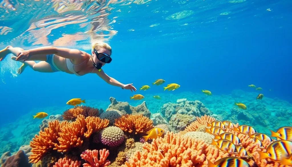 Snorkeler exploring colorful coral reef with tropical fish in Bahia de Loreto National Park