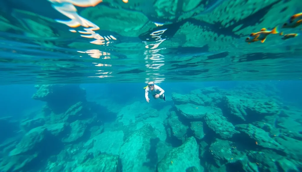 Snorkeler exploring coral formations near Nuqui coast Snorkeler exploring coral formations near Nuqui coast