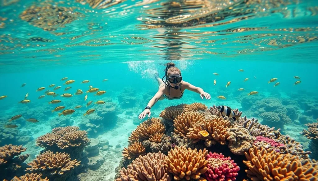 Snorkeler exploring coral reef at Arashi Beach with colorful fish