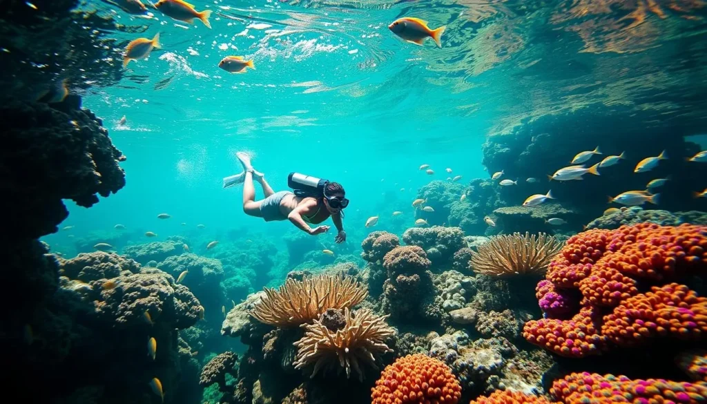 Snorkeler exploring coral reef near South Water Caye Belize