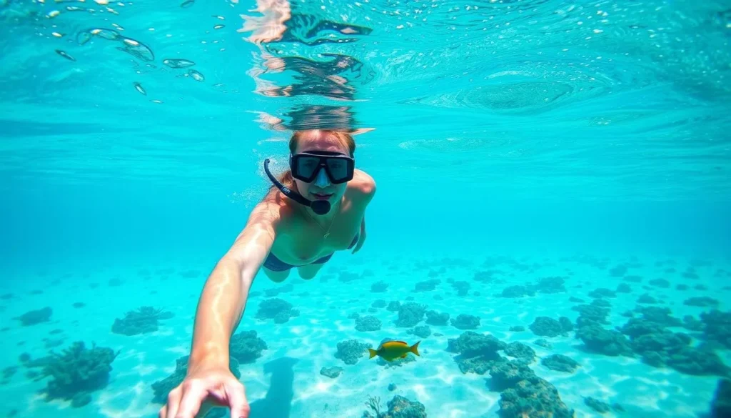 Snorkeler exploring the clear waters near Bahia Honda State Park with colorful fish visible Snorkeler exploring the clear waters near Bahia Honda State Park with colorful fish visible