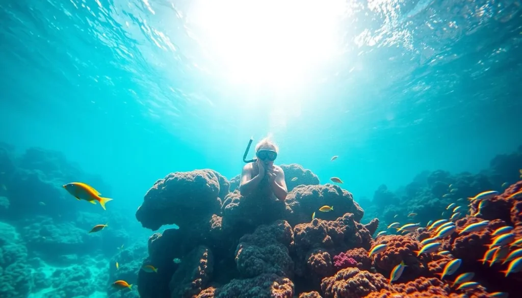 Snorkeler exploring the coral reefs around Isla de Caja de Muertos