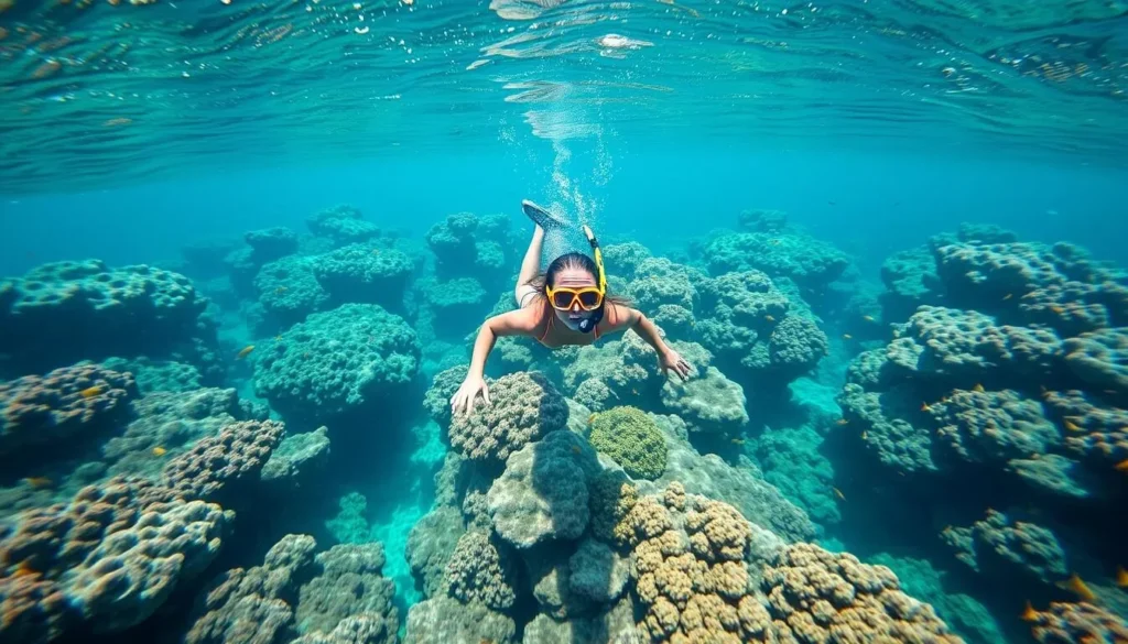 Snorkeler exploring the vibrant coral formations of Horseshoe Reef off Anegada Island