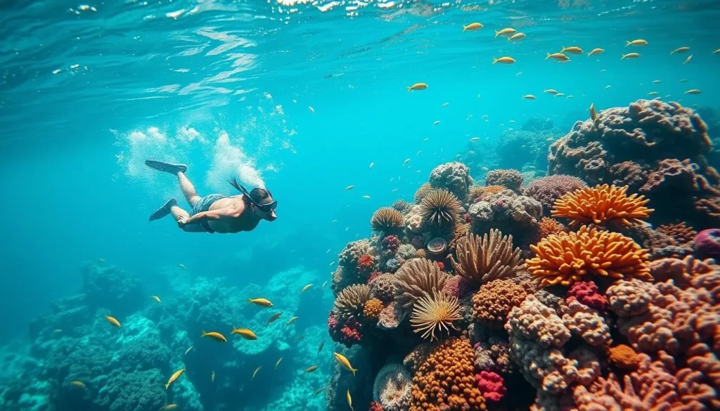 Snorkeler exploring the vibrant coral reef in Nosy Ve-Androka National Park with colorful fish
