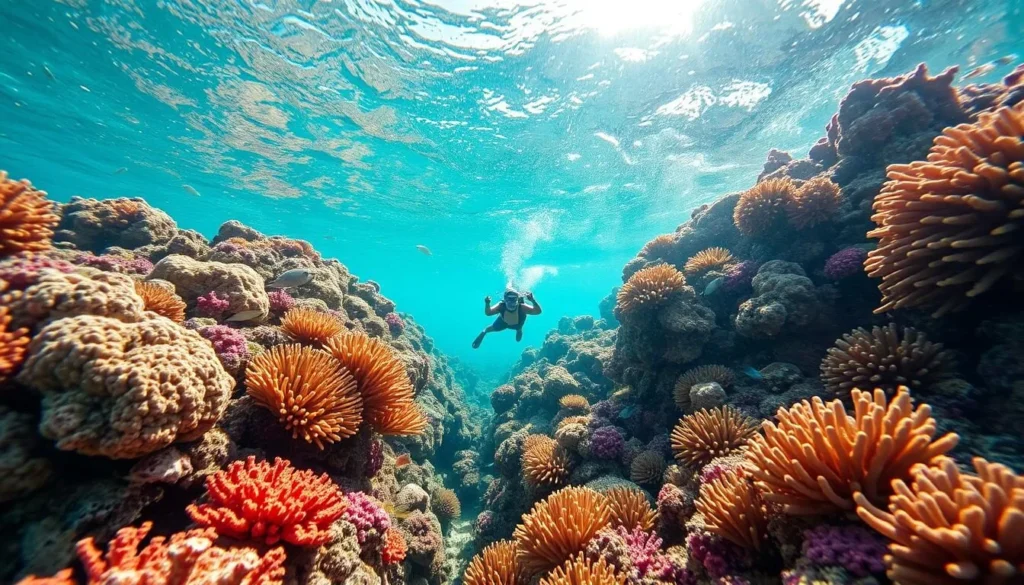 Snorkeler exploring vibrant coral reef at Turneffe Atoll with tropical fish