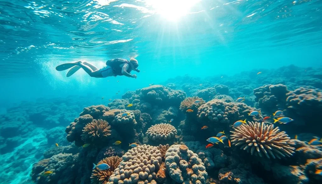 Snorkeler exploring vibrant coral reef in clear Bahamas waters