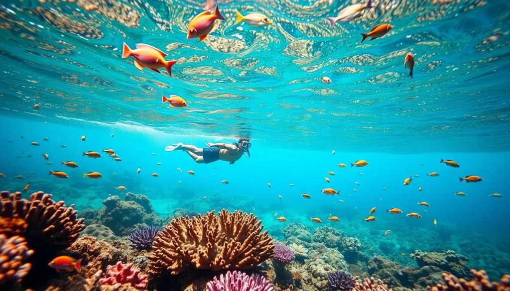 Snorkeler observing colorful coral reef and fish at Nosy Tanikely National Park Madagascar Snorkeler observing colorful coral reef and fish at Nosy Tanikely National Park Madagascar