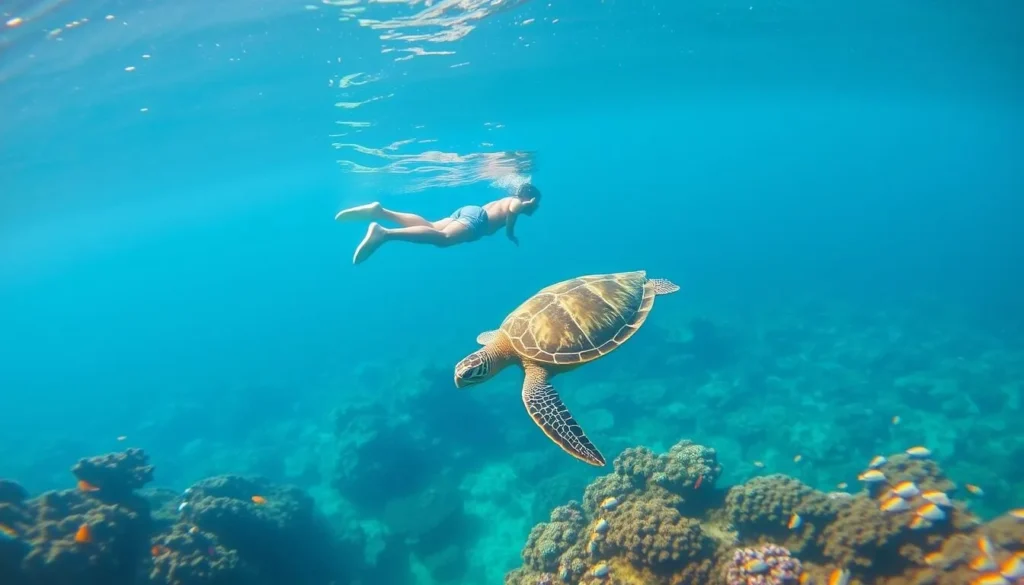 Snorkeler observing colorful coral reef and sea turtle in Bunaken National Marine Park