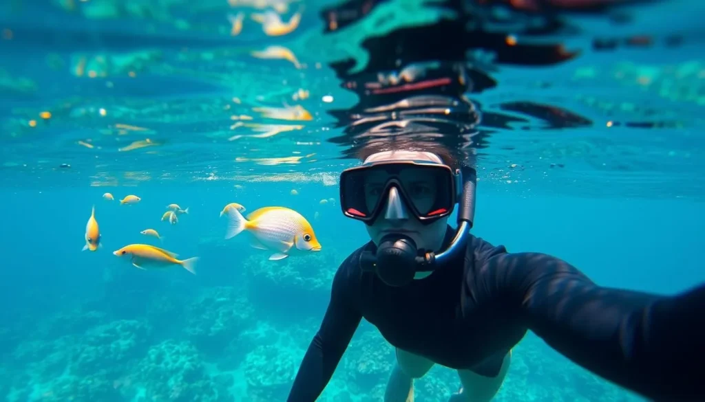 Snorkeler observing colorful fish and coral reefs around Isla Isabel