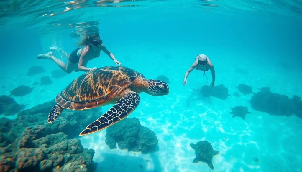 Snorkeler observing sea turtles at Akumal Bay near Tulum