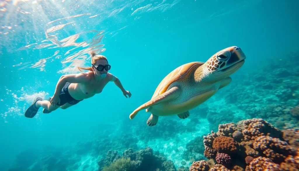 Snorkeler swimming with a green sea turtle in Lady Musgrave Island's lagoon