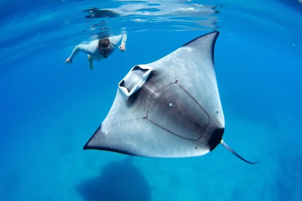 Snorkeler swimming with a large manta ray during a safari tour at Lady Musgrave Island