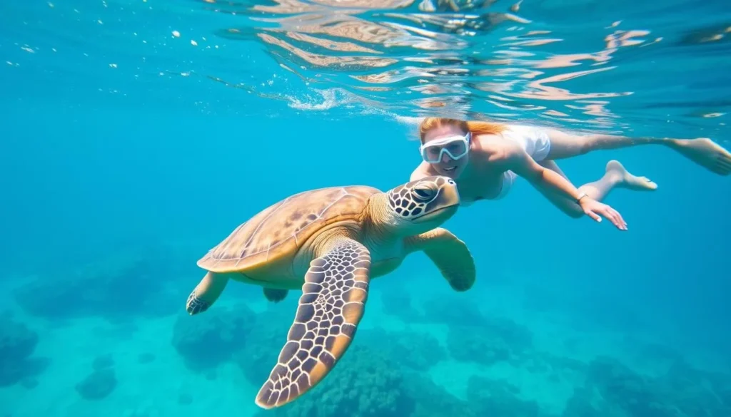 Snorkeler swimming with a sea turtle near Cook Island, Kingscliff