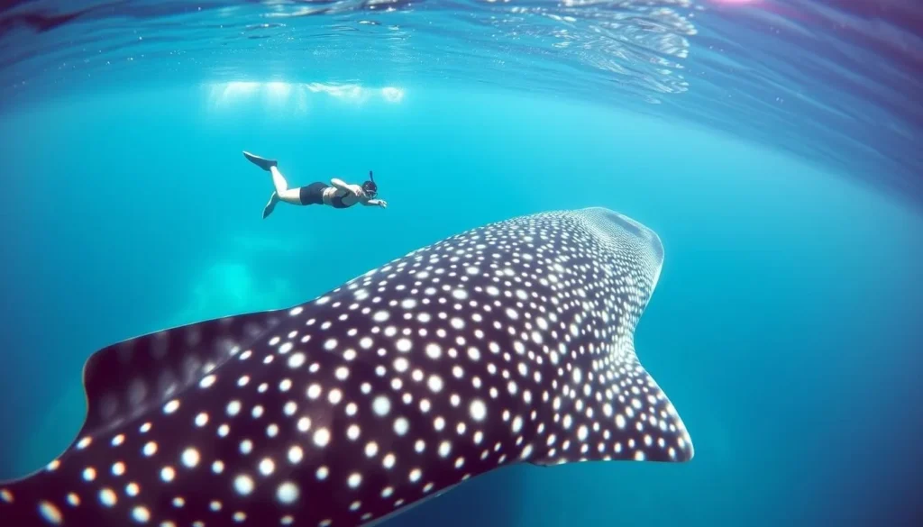 Snorkeler swimming with a whale shark in the clear waters of La Paz, Baja California Sur Snorkeler swimming with a whale shark in the clear waters of La Paz, Baja California Sur