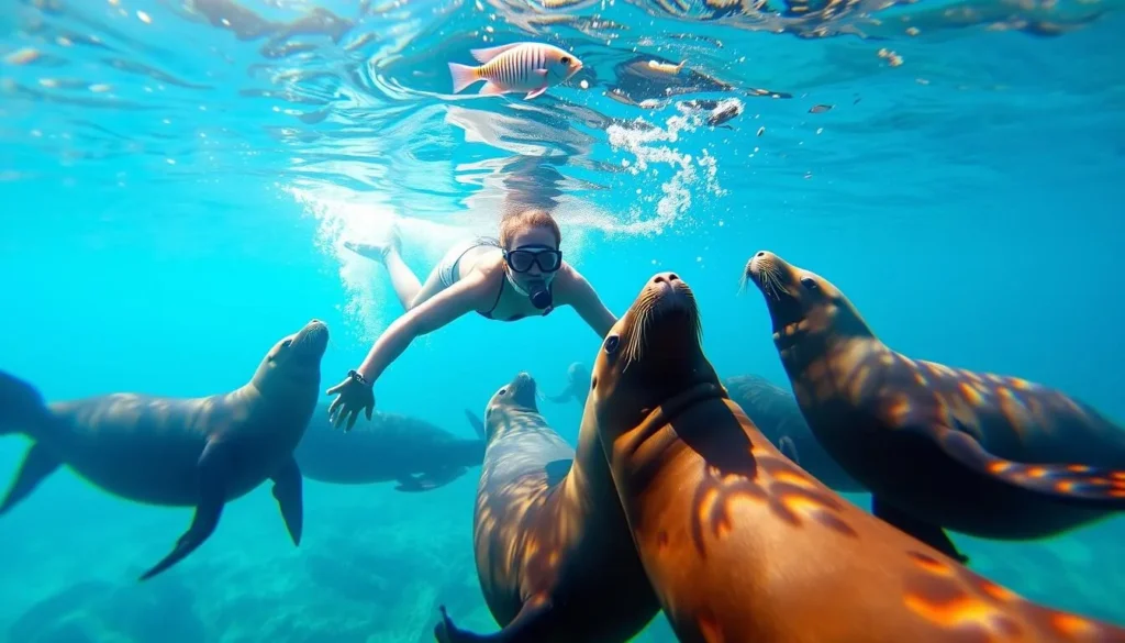 Snorkeler swimming with sea lions at Isla Partida, Mexico