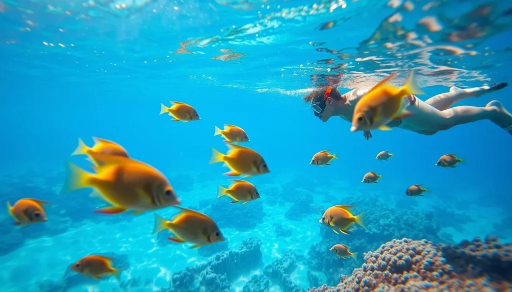 Snorkeler viewing colorful fish in the clear waters of Baby Beach Aruba