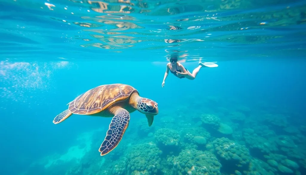 Snorkeler with sea turtle at Lady Elliot Island, Great Barrier Reef Snorkeler with sea turtle at Lady Elliot Island, Great Barrier Reef