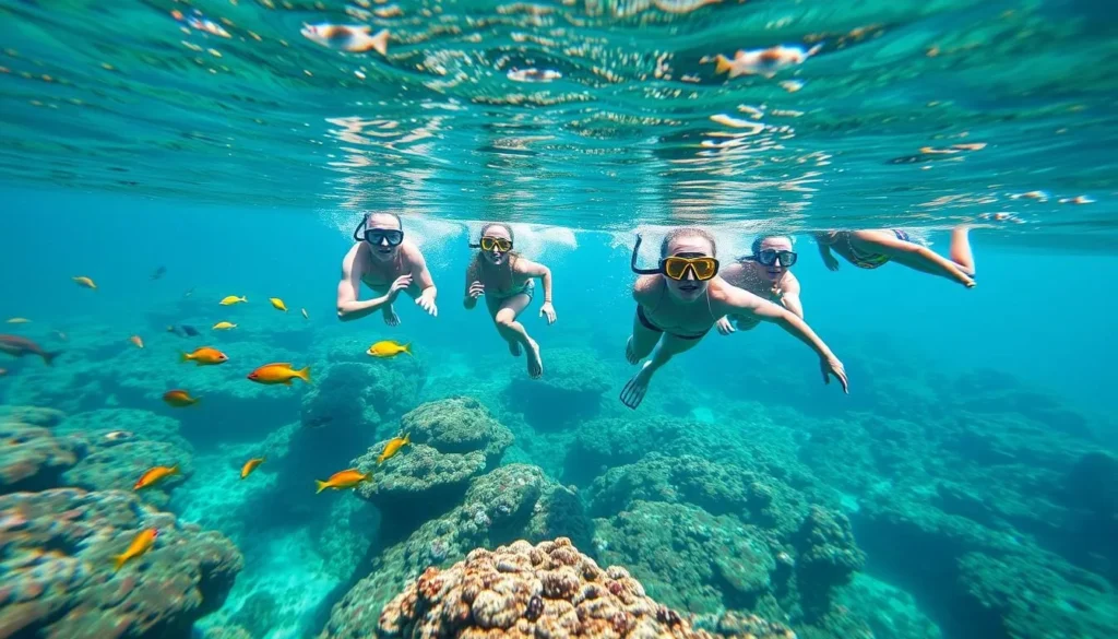Snorkelers exploring coral reefs at Dawn Beach near Oyster Pond with colorful marine life