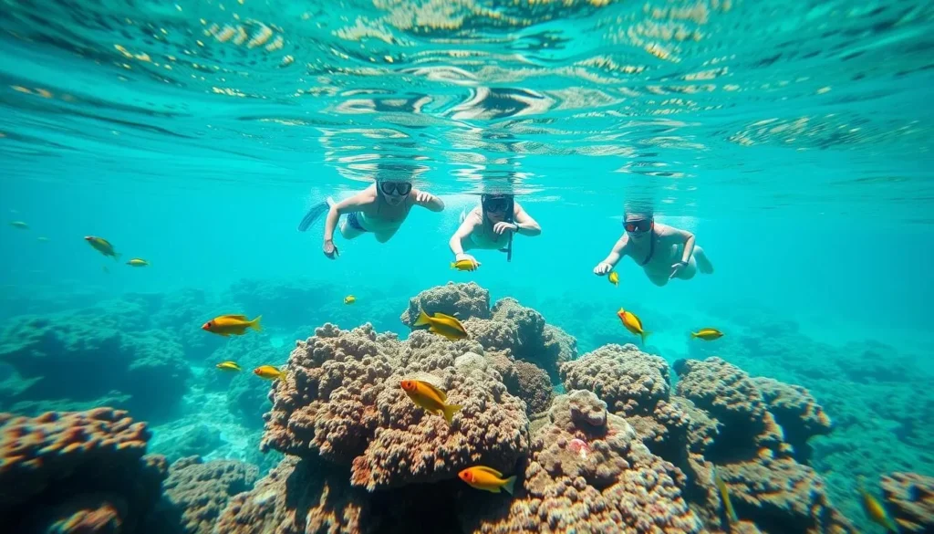 Snorkelers exploring coral reefs in the clear waters of the British Virgin Islands Snorkelers exploring coral reefs in the clear waters of the British Virgin Islands