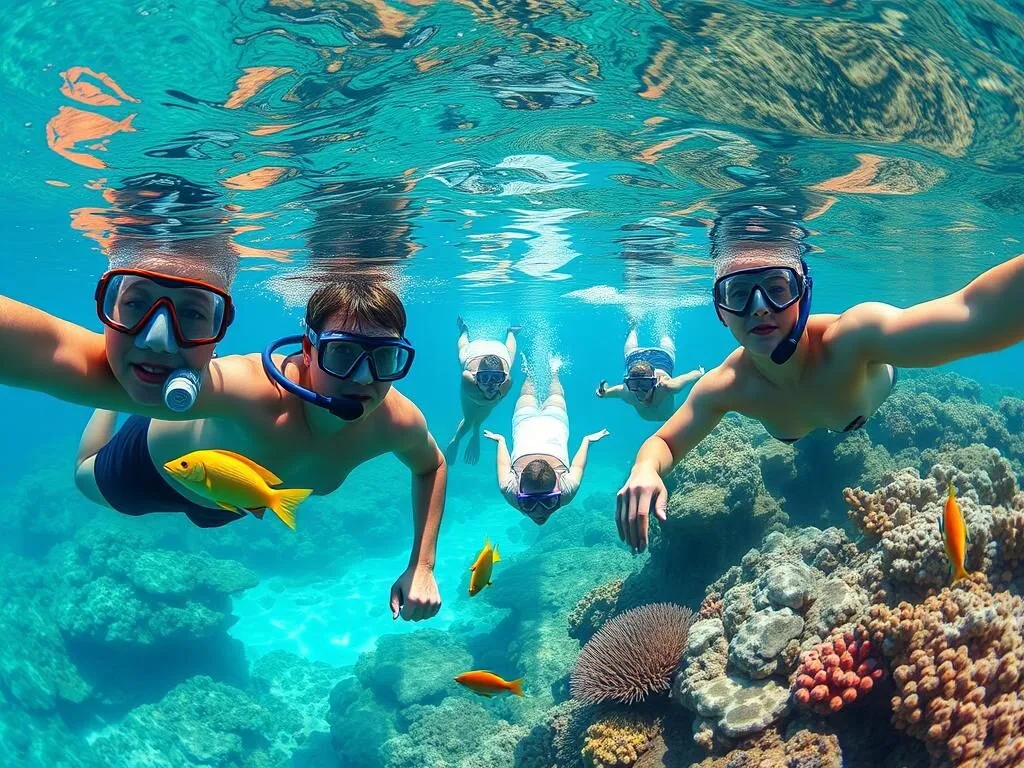 Snorkelers exploring the clear waters at Malmok Cove in Aruba with colorful fish visible