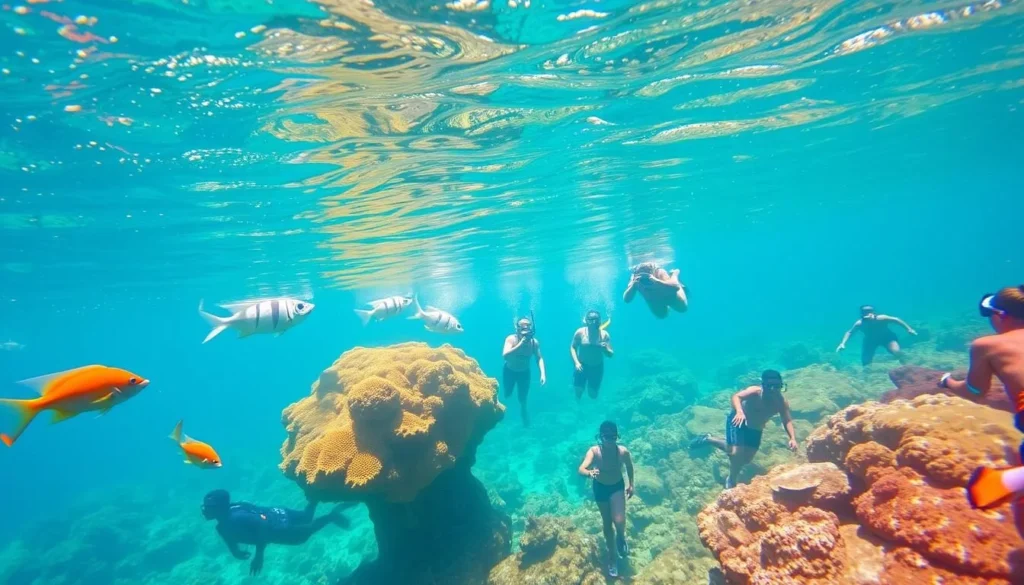 Snorkelers exploring the colorful coral formations at Sombrero Reef near Boot Key Snorkelers exploring the colorful coral formations at Sombrero Reef near Boot Key