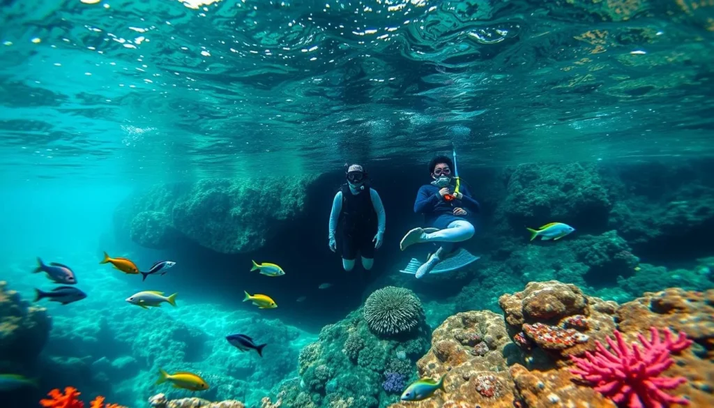 Snorkelers exploring the entrance to Norman Island Caves with colorful fish visible