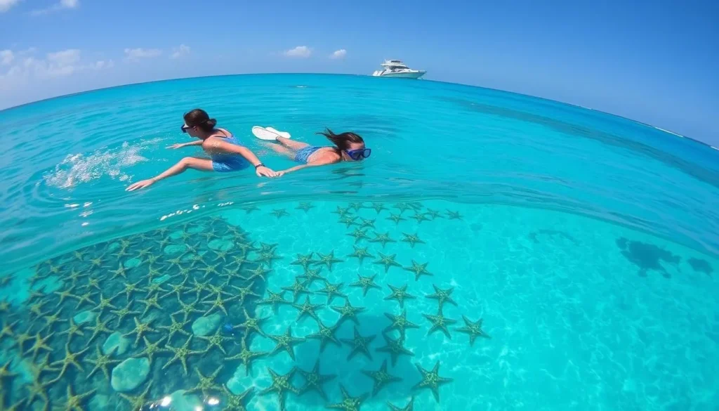 Snorkelers exploring the shallow waters of El Cielo with starfish visible on the sandy bottom below Snorkelers exploring the shallow waters of El Cielo with starfish visible on the sandy bottom below