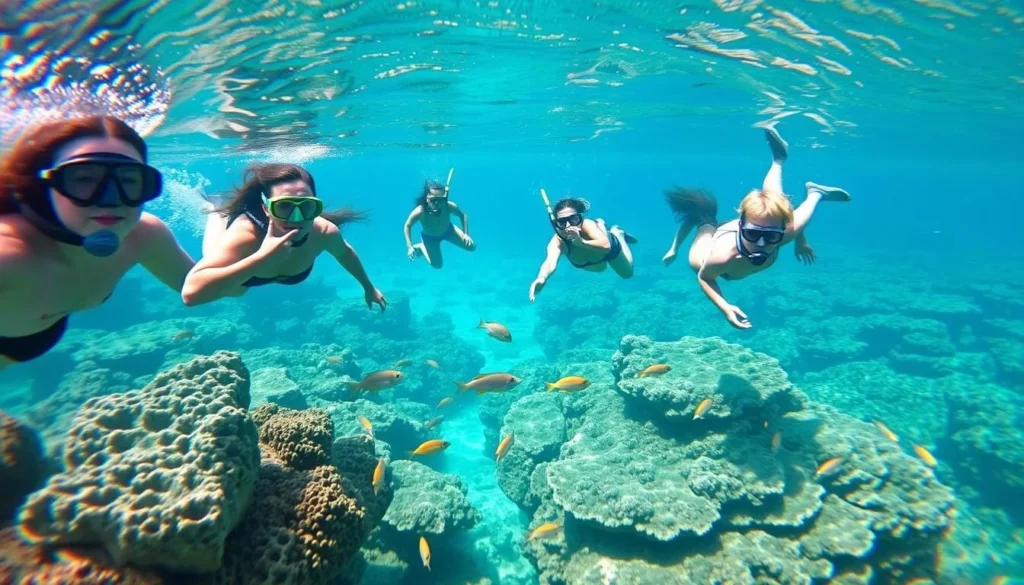 Snorkelers exploring the vibrant coral reefs around Snoopy Island near Dibba