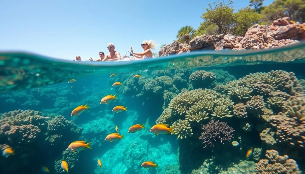 Snorkelers exploring the vibrant coral reefs in Huatulco National Park's clear waters